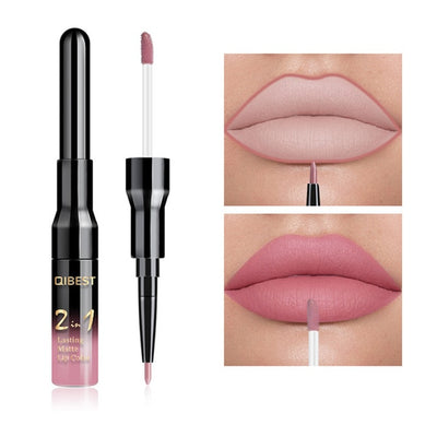 2 in 1 Double Head Lip Gloss Matte Liquid Lipstick Lip Liner Waterproof Nude Cosmetic Lipgloss Set for Mate Lip stick Makeup Pen