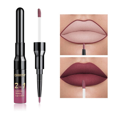 2 in 1 Double Head Lip Gloss Matte Liquid Lipstick Lip Liner Waterproof Nude Cosmetic Lipgloss Set for Mate Lip stick Makeup Pen