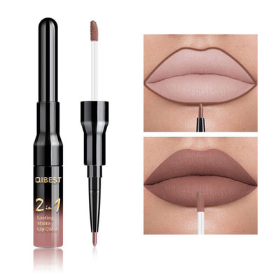 2 in 1 Double Head Lip Gloss Matte Liquid Lipstick Lip Liner Waterproof Nude Cosmetic Lipgloss Set for Mate Lip stick Makeup Pen