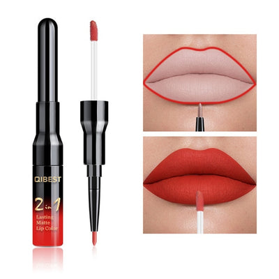 2 in 1 Double Head Lip Gloss Matte Liquid Lipstick Lip Liner Waterproof Nude Cosmetic Lipgloss Set for Mate Lip stick Makeup Pen