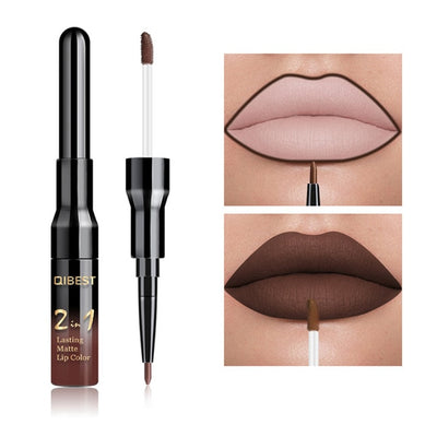 2 in 1 Double Head Lip Gloss Matte Liquid Lipstick Lip Liner Waterproof Nude Cosmetic Lipgloss Set for Mate Lip stick Makeup Pen