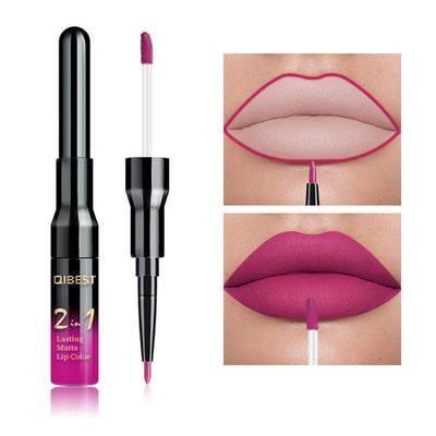 2 in 1 Double Head Lip Gloss Matte Liquid Lipstick Lip Liner Waterproof Nude Cosmetic Lipgloss Set for Mate Lip stick Makeup Pen