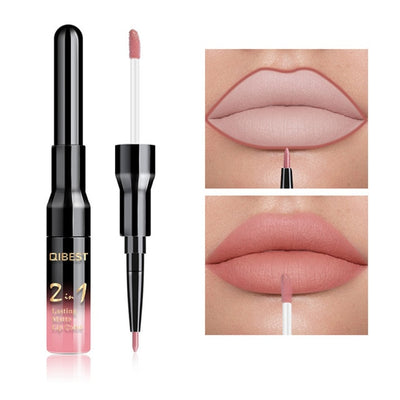 2 in 1 Double Head Lip Gloss Matte Liquid Lipstick Lip Liner Waterproof Nude Cosmetic Lipgloss Set for Mate Lip stick Makeup Pen