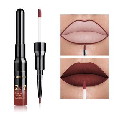 2 in 1 Double Head Lip Gloss Matte Liquid Lipstick Lip Liner Waterproof Nude Cosmetic Lipgloss Set for Mate Lip stick Makeup Pen